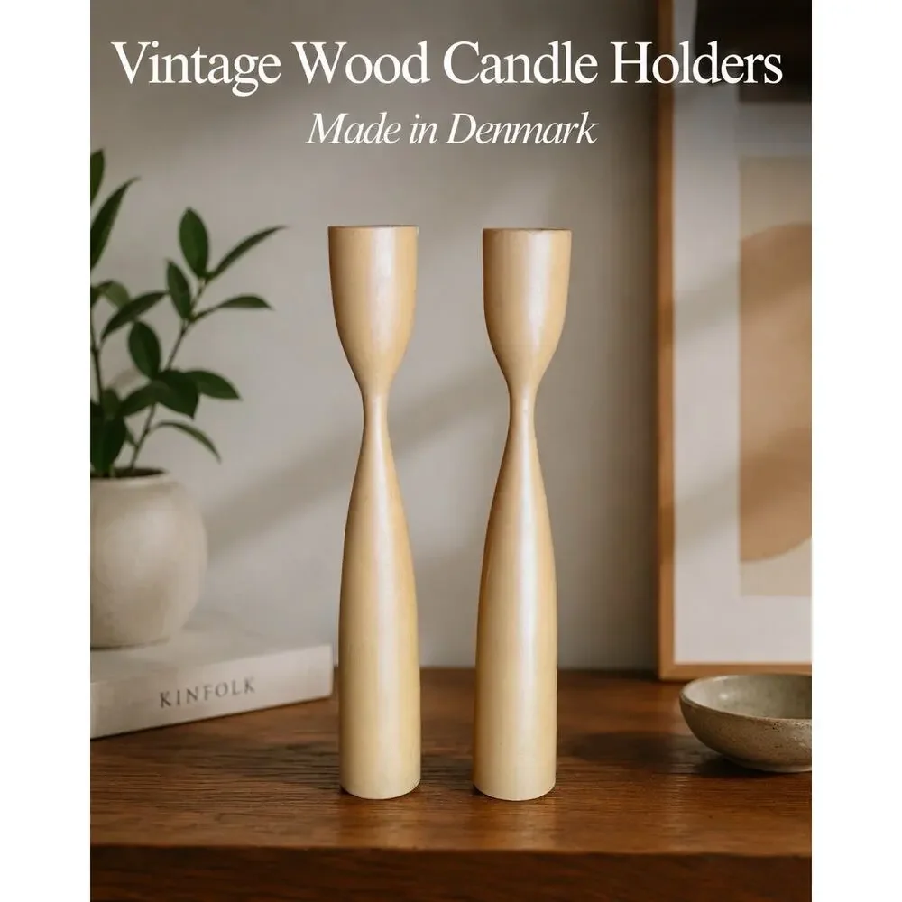 Vintage Danish Modern Wood Candle Holder Pair Made In Denmark MCM Mid Mod